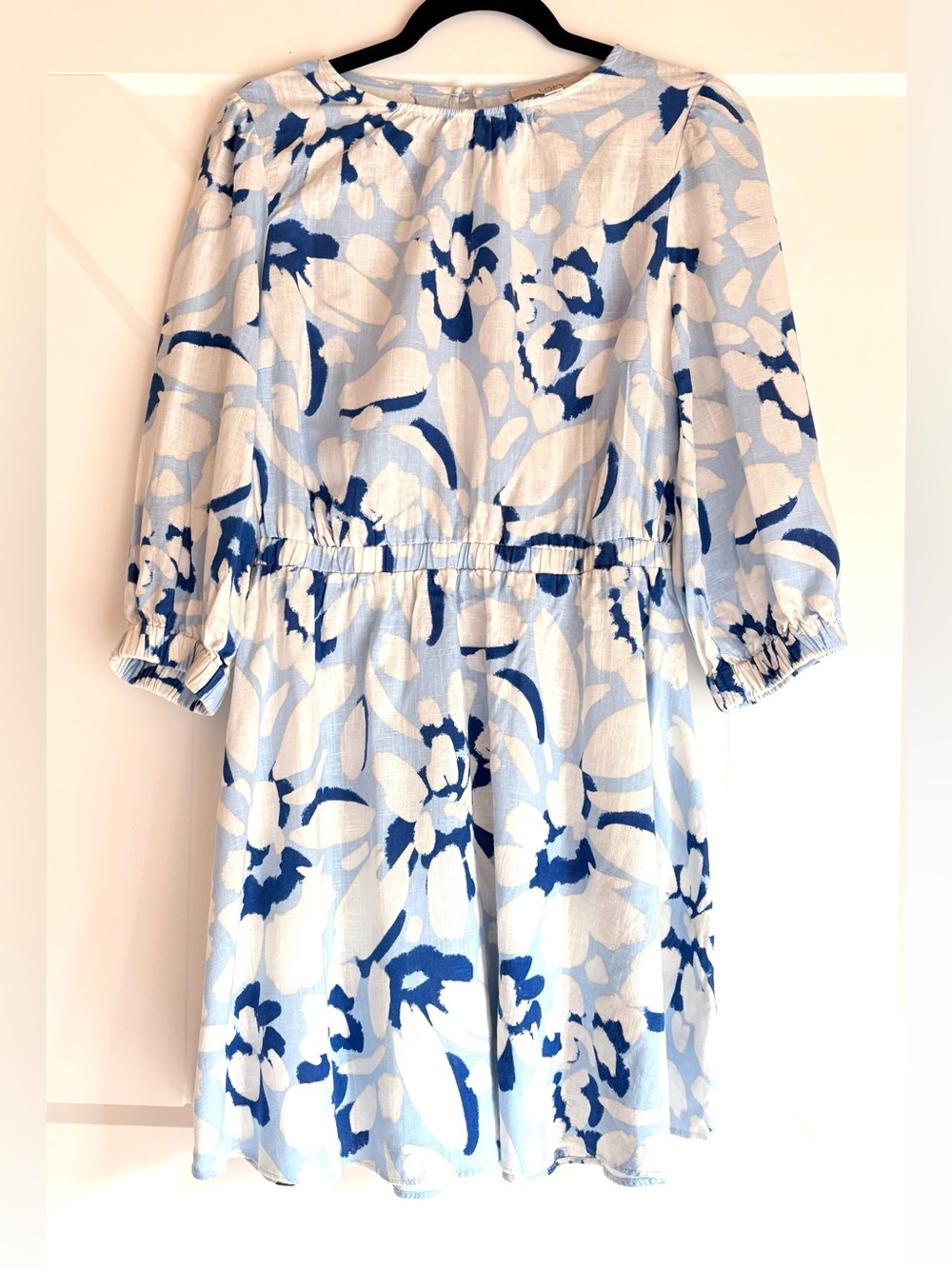 LOFT Blue White Floral Linen Blend Mini Dress Small